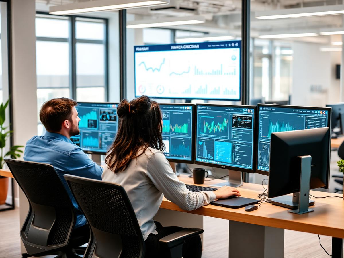 IT professionals reviewing healthcare data dashboards